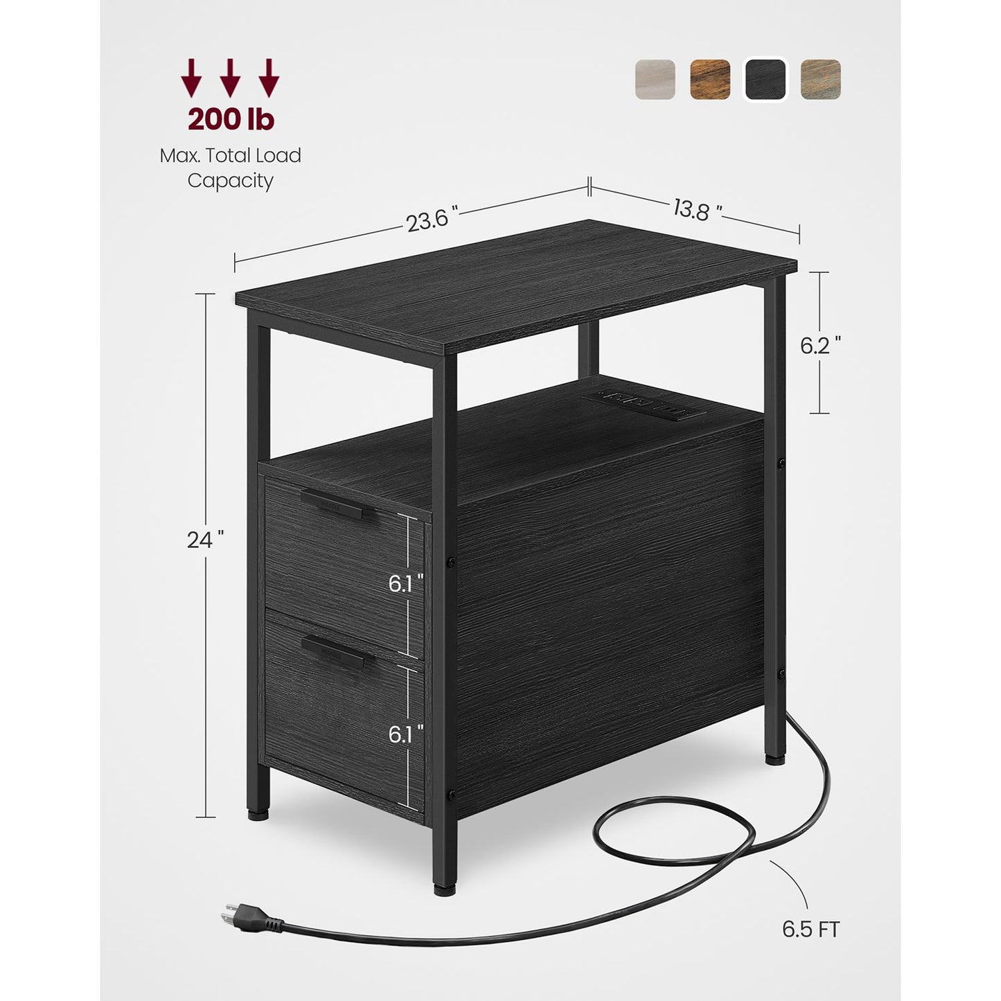 Narrow End Table with Charging Station and 2 Drawers - HWLEXTRA 
