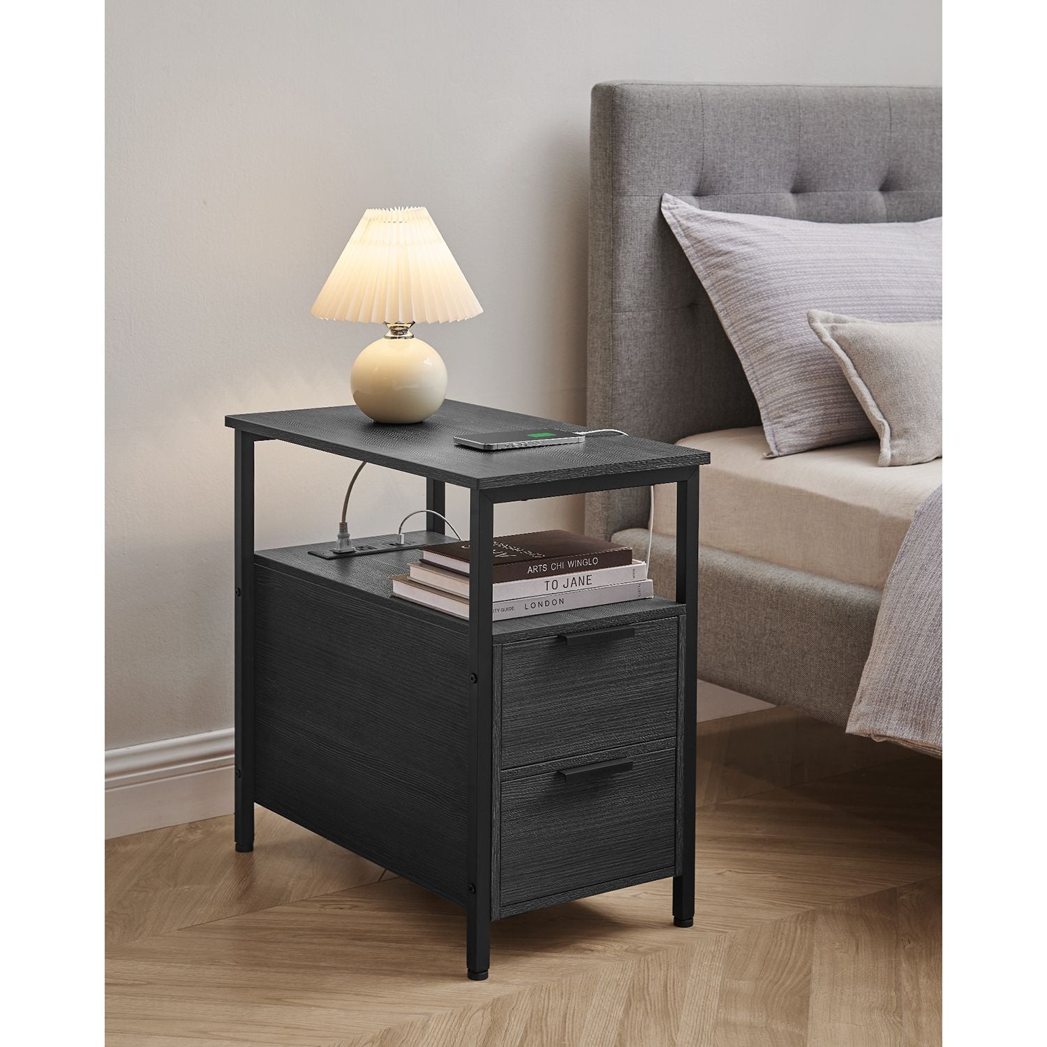 Narrow End Table with Charging Station and 2 Drawers - HWLEXTRA 