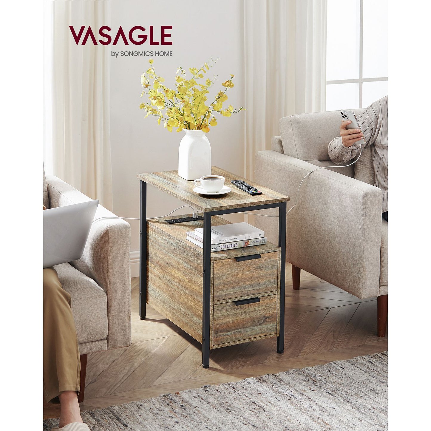 Narrow End Table with Charging Station and 2 Drawers - HWLEXTRA 