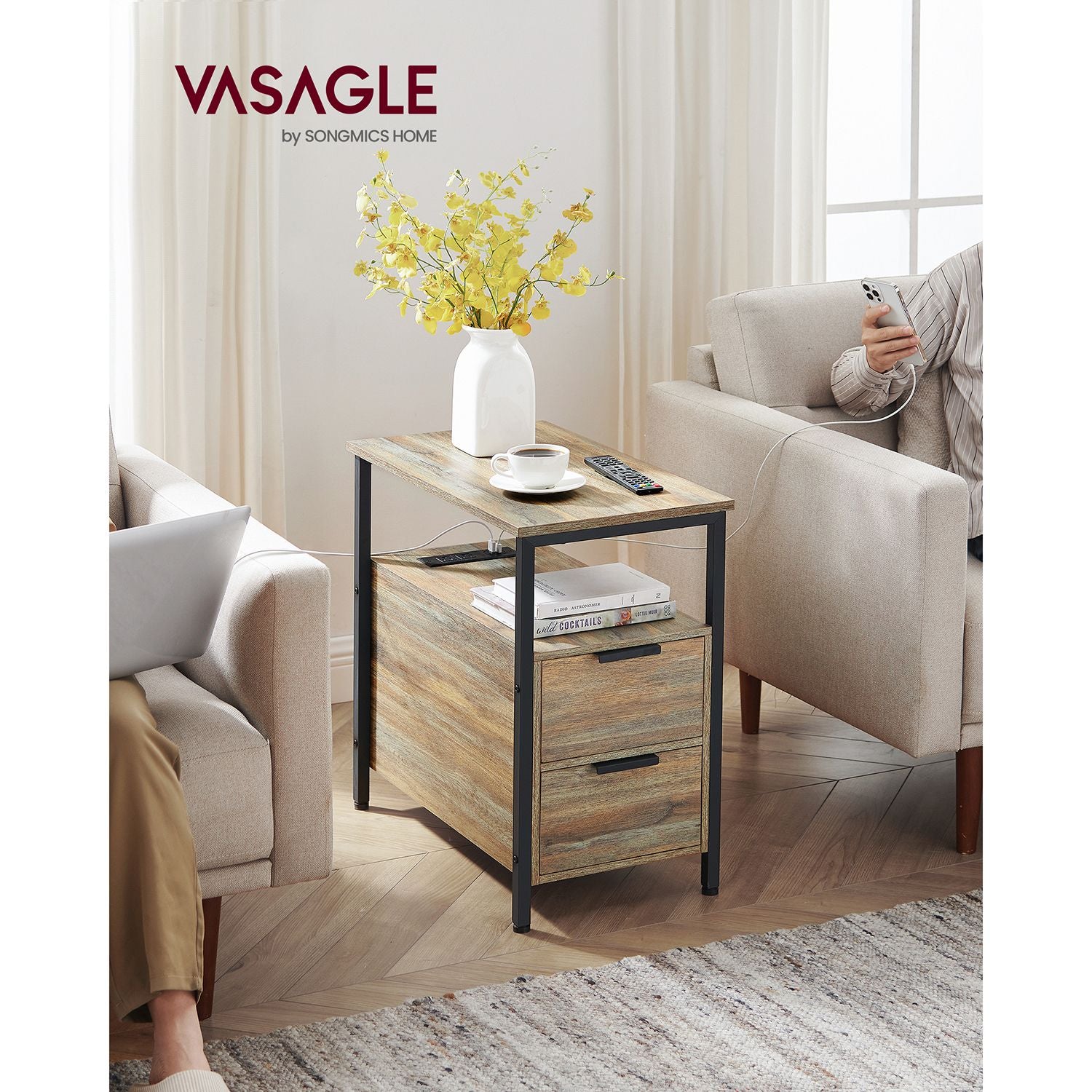 Narrow End Table with Charging Station and 2 Drawers - HWLEXTRA 