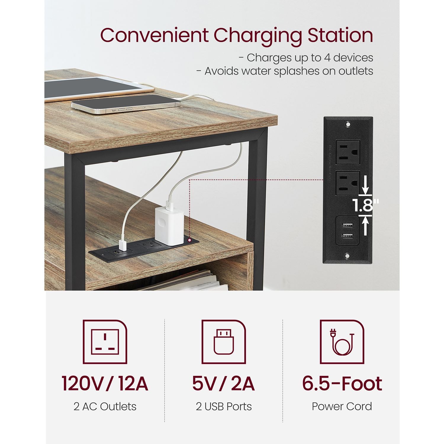 Narrow End Table with Charging Station and 2 Drawers - HWLEXTRA 