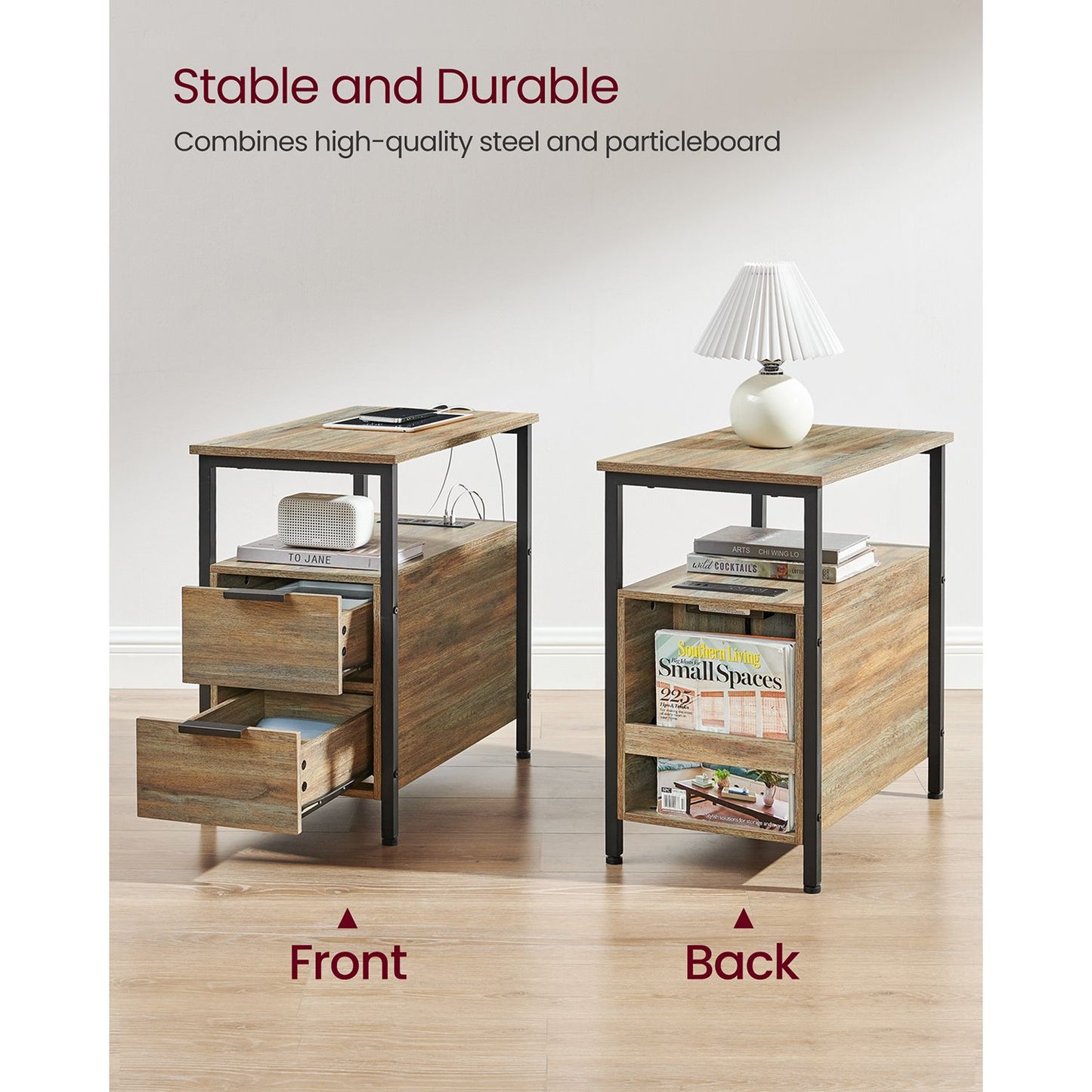 Narrow End Table with Charging Station and 2 Drawers - HWLEXTRA 