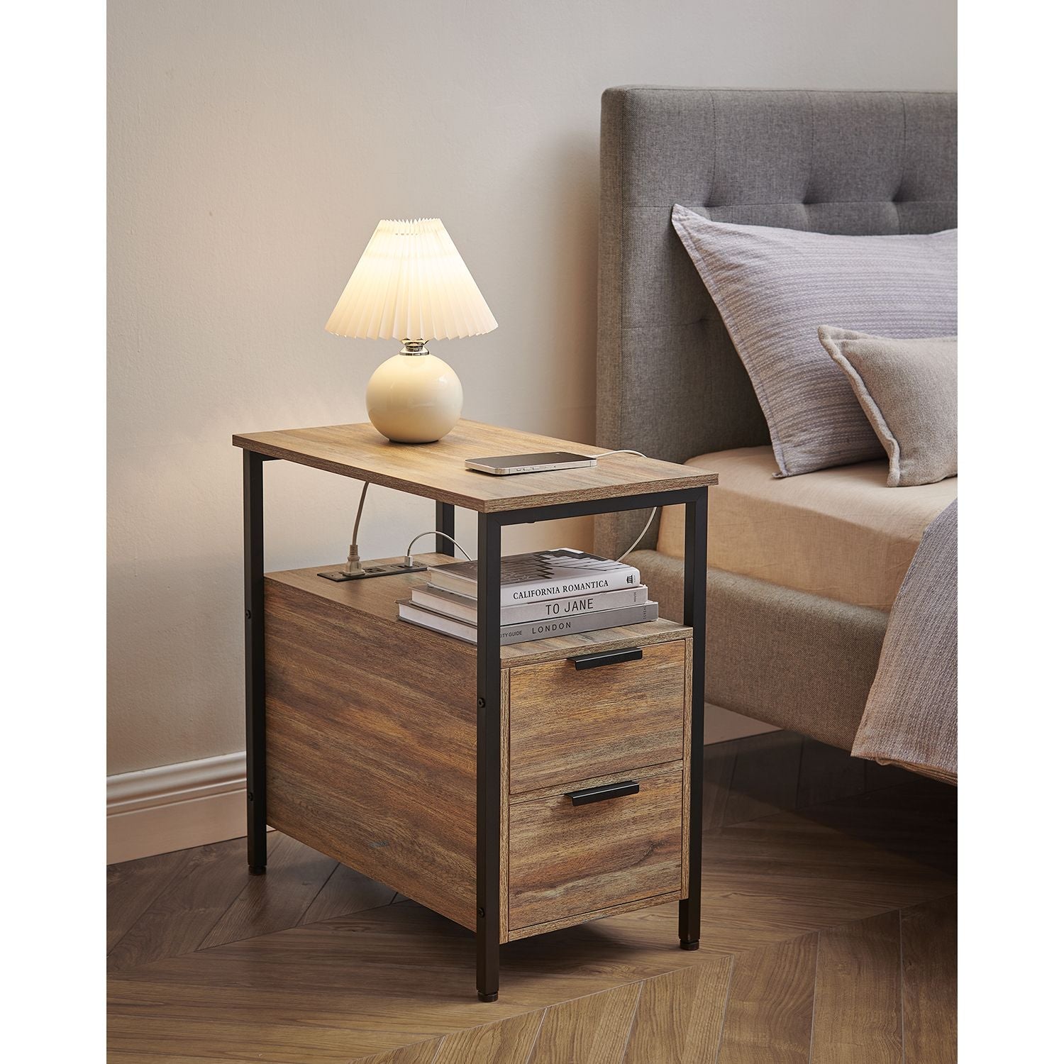 Narrow End Table with Charging Station and 2 Drawers - HWLEXTRA 
