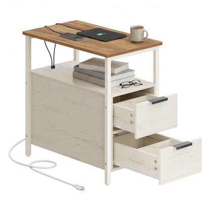 Narrow End Table with Charging Station and 2 Drawers - Honey Brown + Rustic White