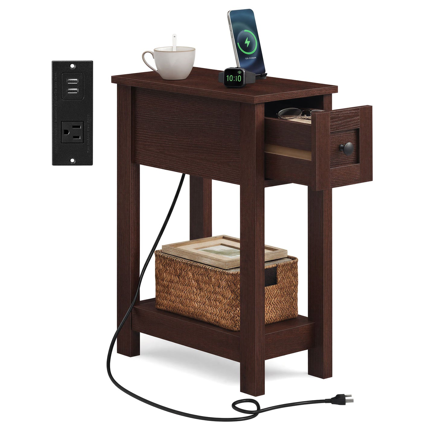 Farmhouse End Table with Storage Drawer, Honey Brown and Rustic White