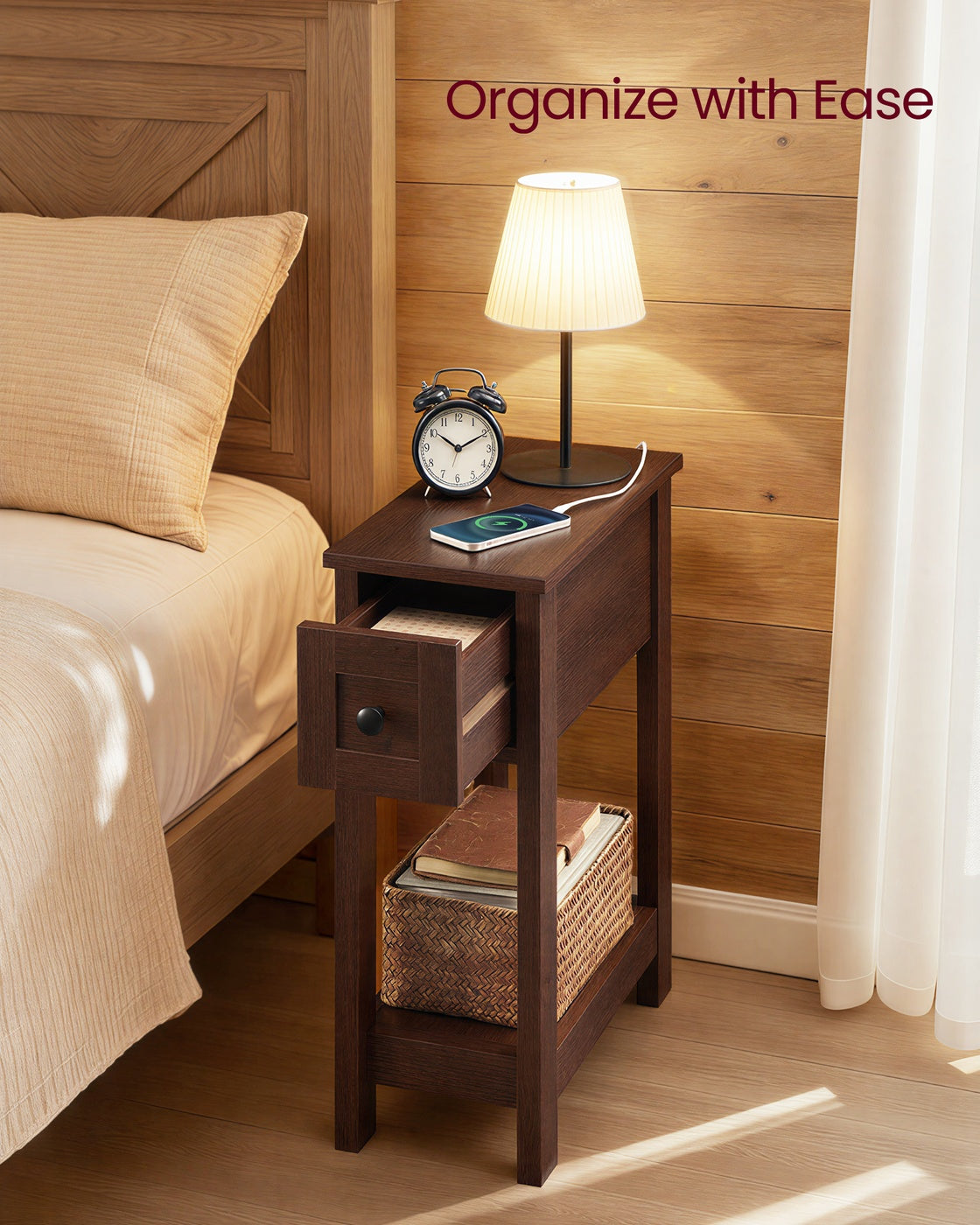 Farmhouse End Table with Storage Drawer, Honey Brown and Rustic White