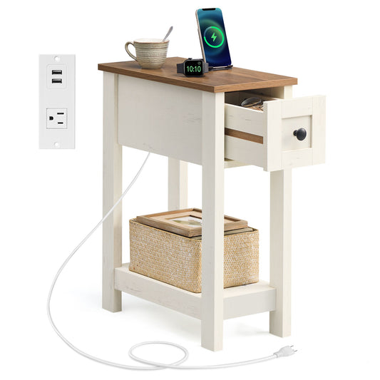 Farmhouse End Table with Storage Drawer, Honey Brown and Rustic White