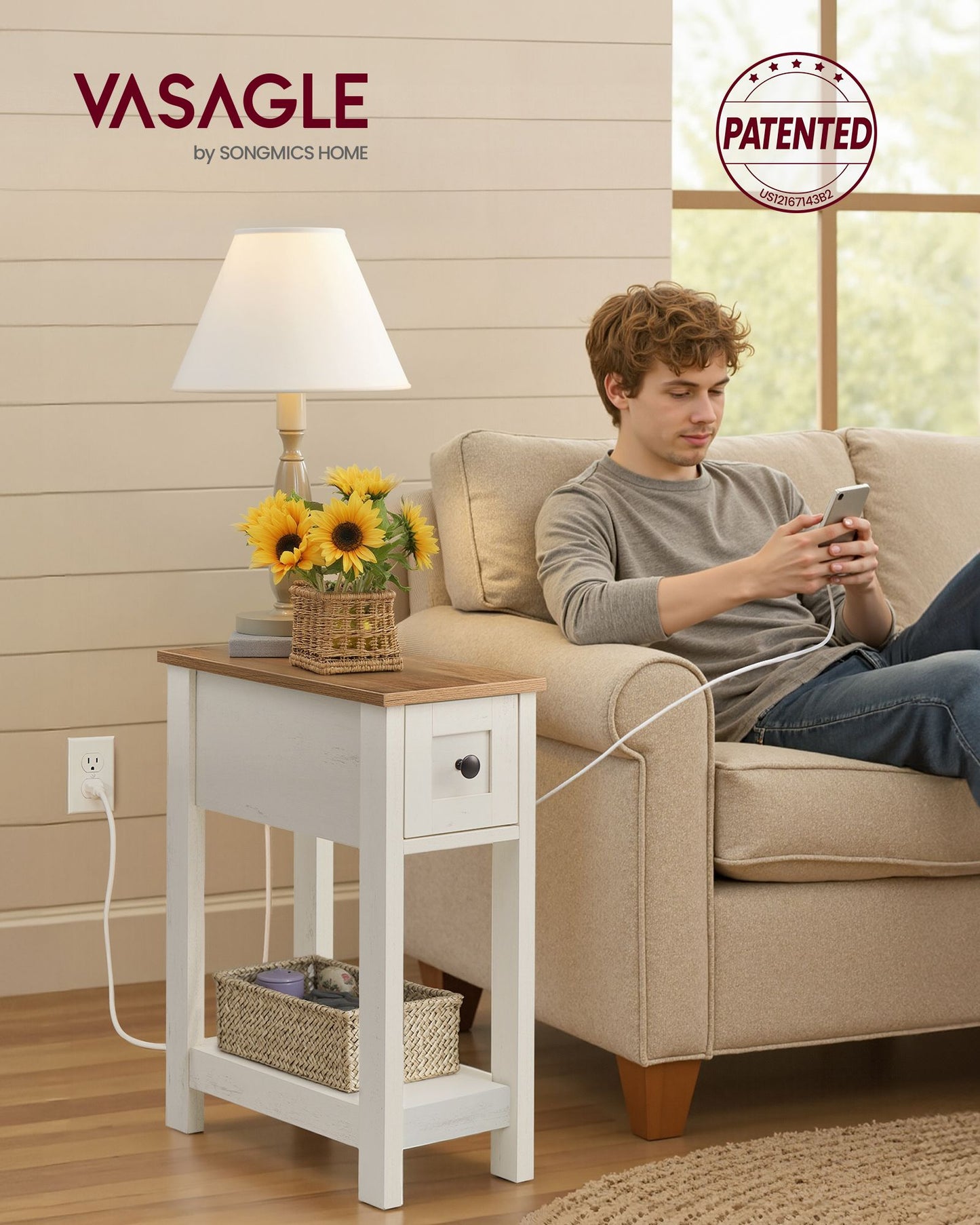 Farmhouse End Table with Storage Drawer, Honey Brown and Rustic White