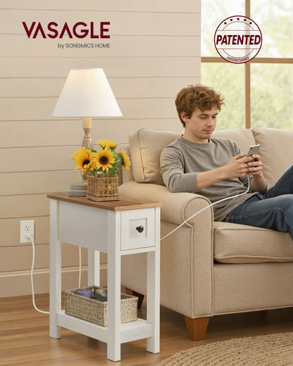 Farmhouse End Table with Storage Drawer, Honey Brown and Rustic White
