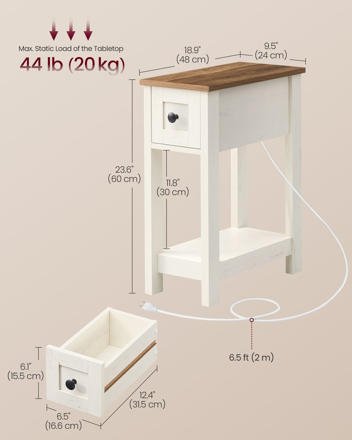 Farmhouse End Table with Storage Drawer, Honey Brown and Rustic White