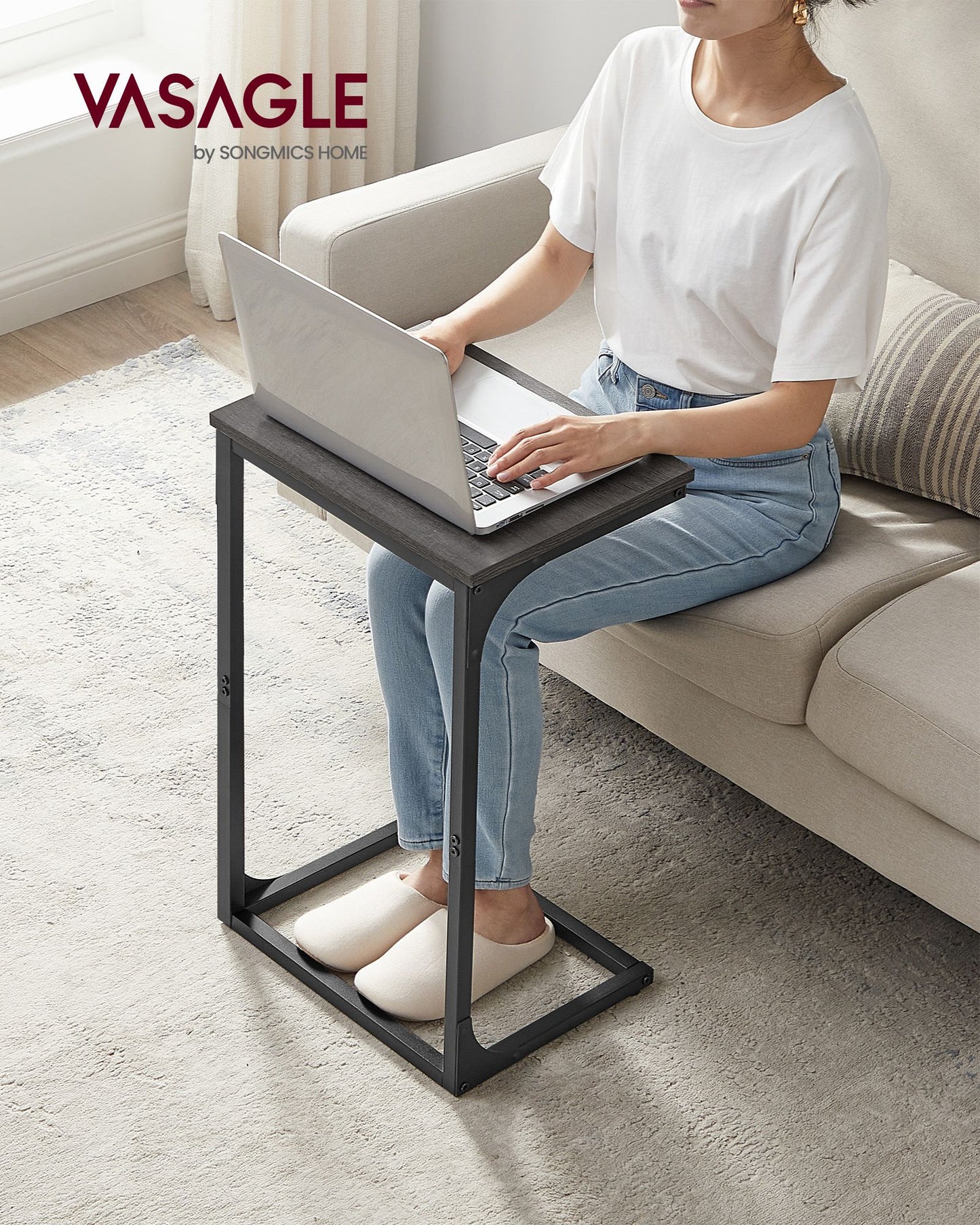 C-Shaped End Table with Metal Frame