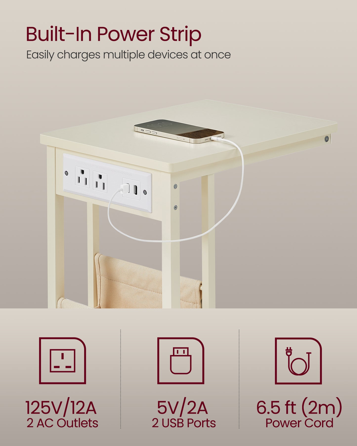 C-Shaped Side Table with Charging Station