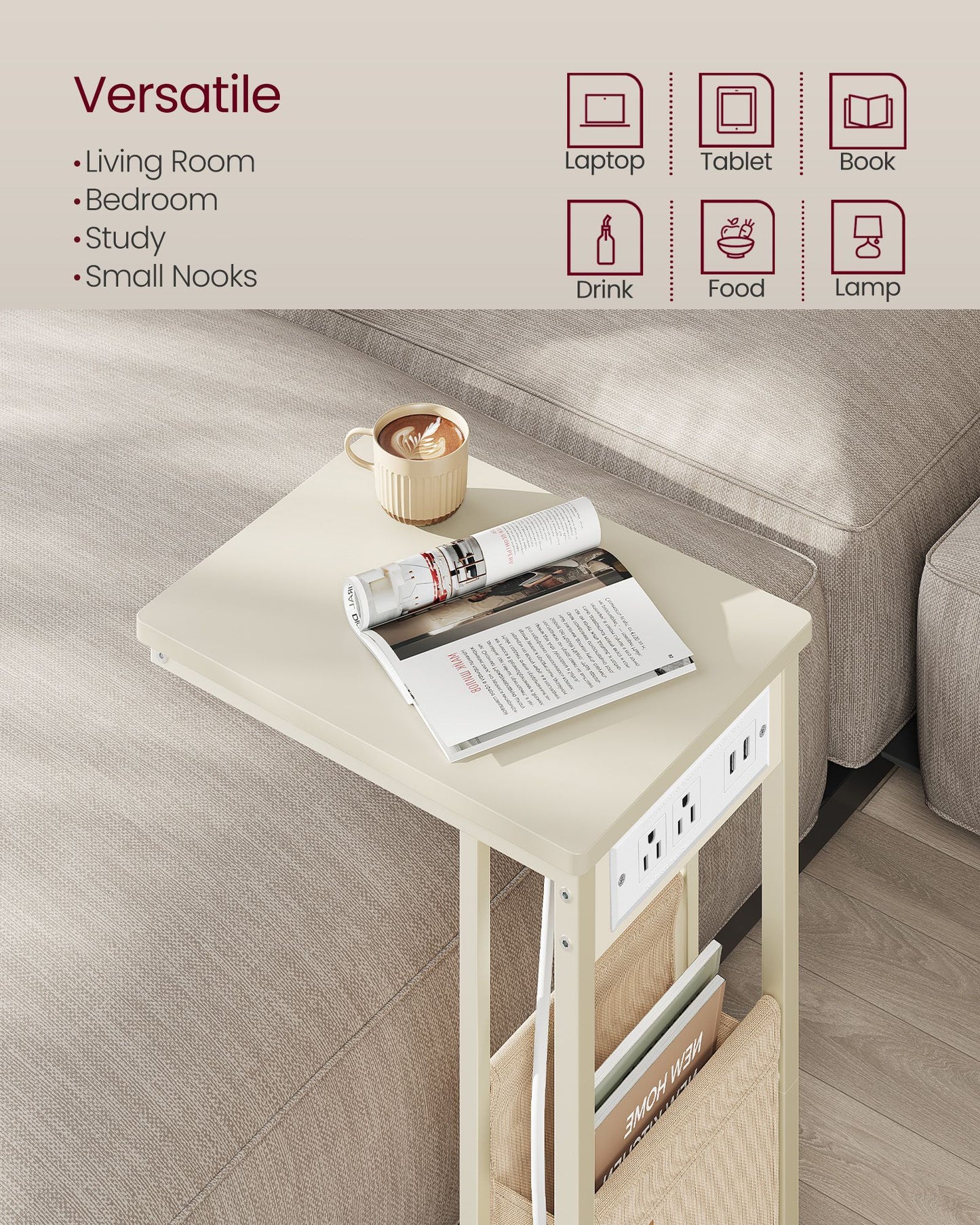 C-Shaped Side Table with Charging Station