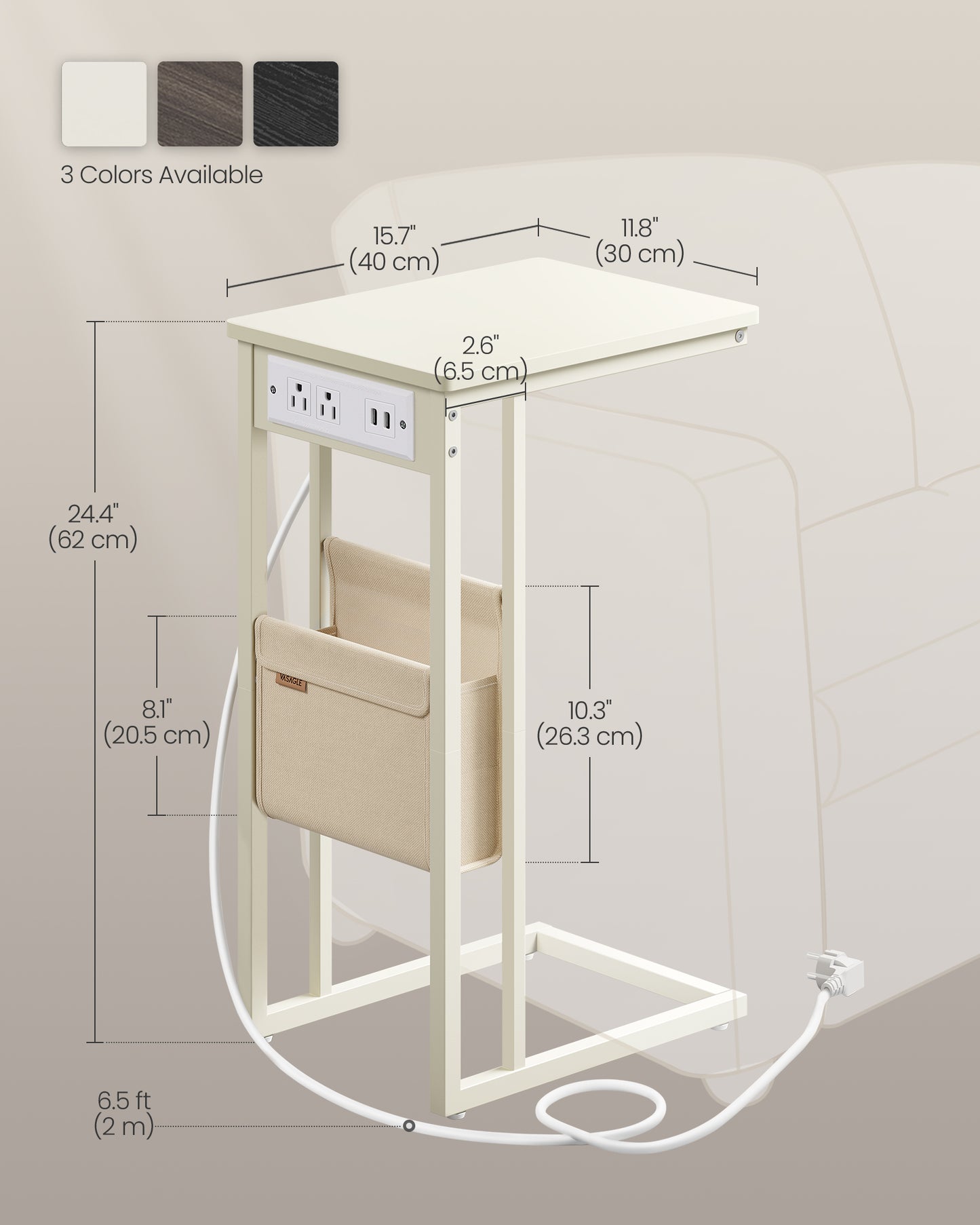 C-Shaped Side Table with Charging Station