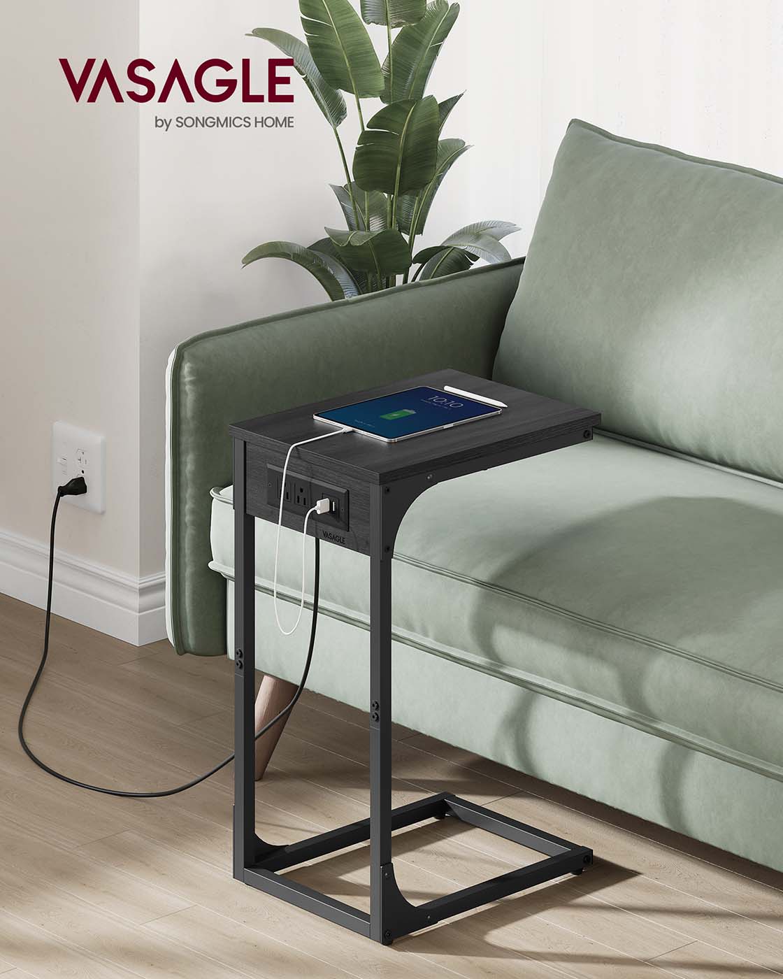 C-Shaped Side Table with Charging Station