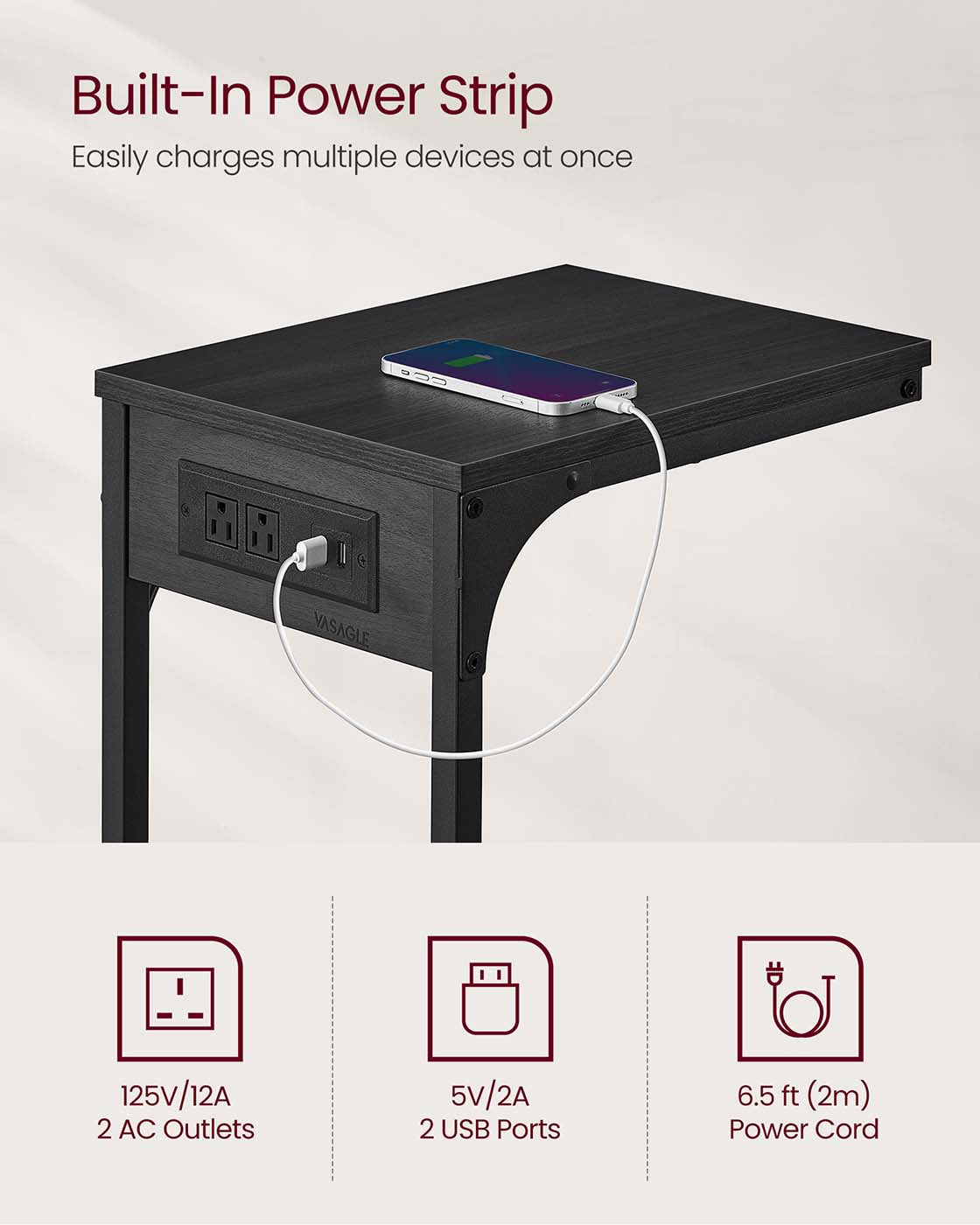 C-Shaped Side Table with Charging Station