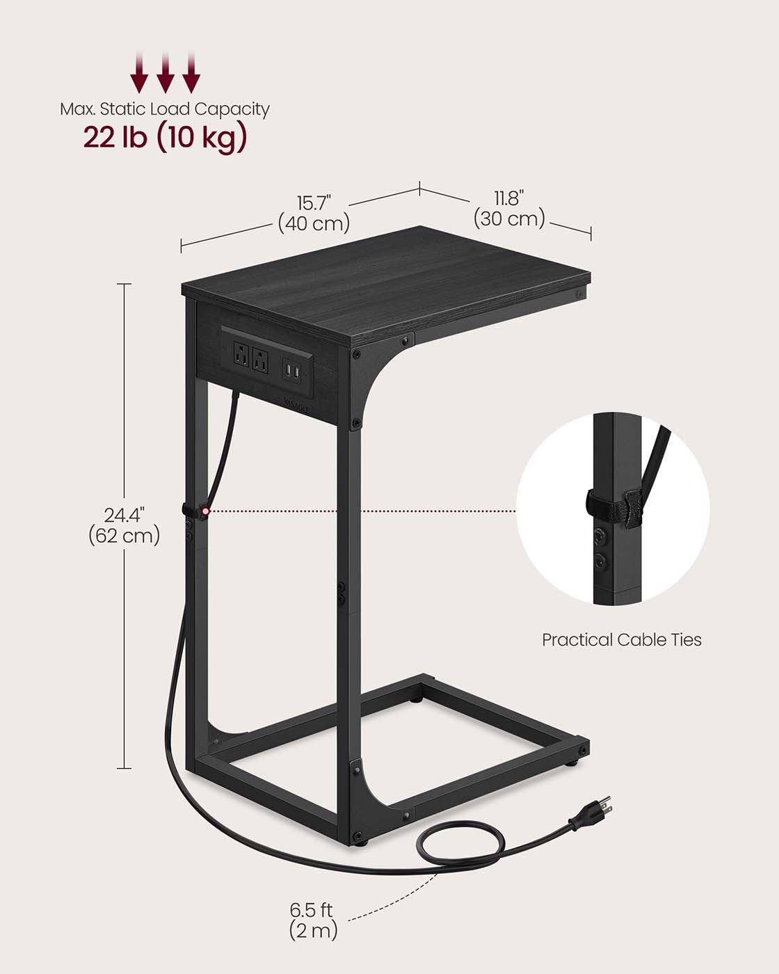 C-Shaped Side Table with Charging Station