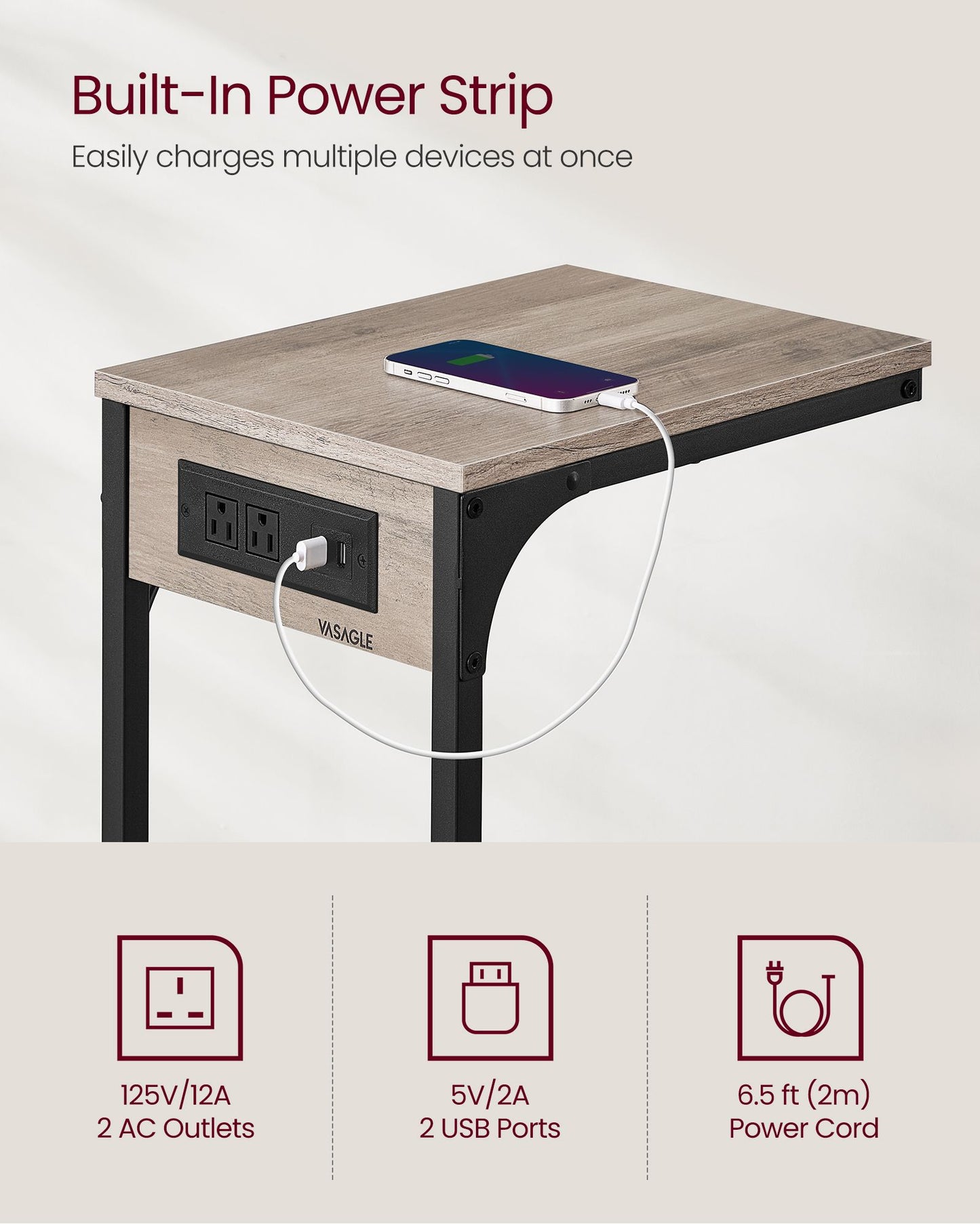C-Shaped Side Table with Charging Station