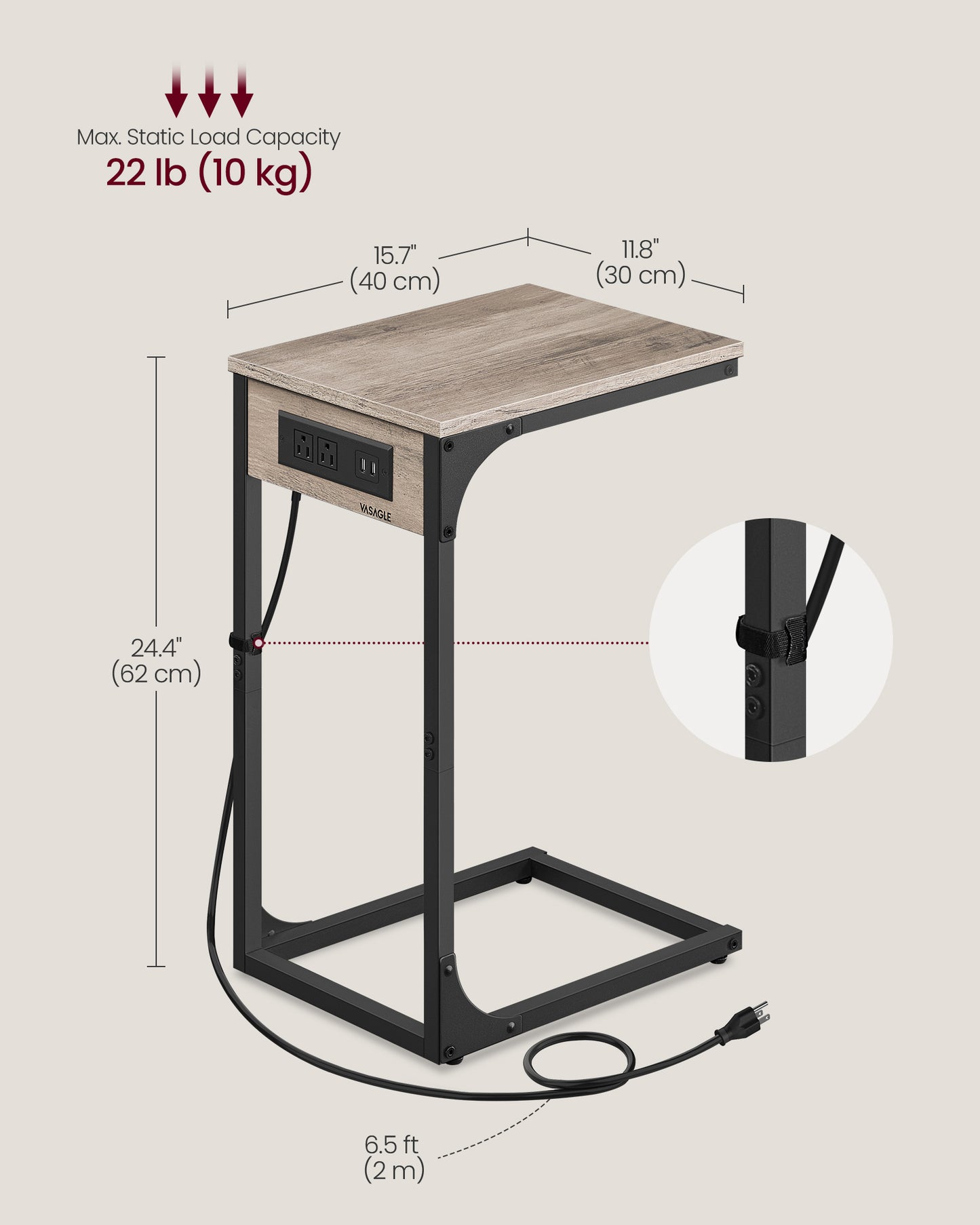 C-Shaped Side Table with Charging Station
