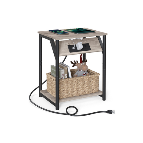 Side Table with Charging Station, End Table with USB Ports and Outlets, Nightstand for Living Room, Bedroom, Plug-in Series, Greige and Black ULET371B02