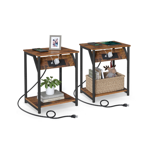 Side Tables with Charging Station, Set of 2 End Tables with USB Ports and Outlets, Nightstands for Living Room, Bedroom, Plug-in Series, Rustic Brown and Black