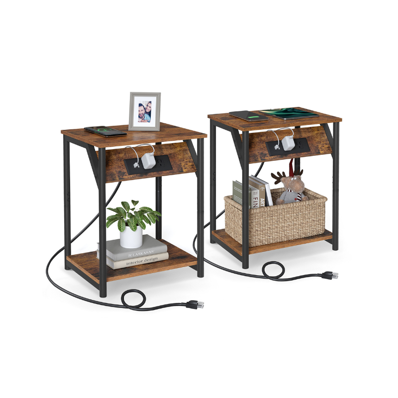 Side Tables with Charging Station, Set of 2 End Tables with USB Ports and Outlets, Nightstands for Living Room, Bedroom, Plug-in Series, Rustic Brown and Black ULET372B01