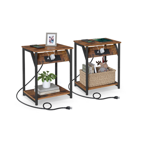 Side Tables with Charging Station, Set of 2 End Tables with USB Ports and Outlets, Nightstands for Living Room, Bedroom, Plug-in Series, Rustic Brown and Black ULET372B01