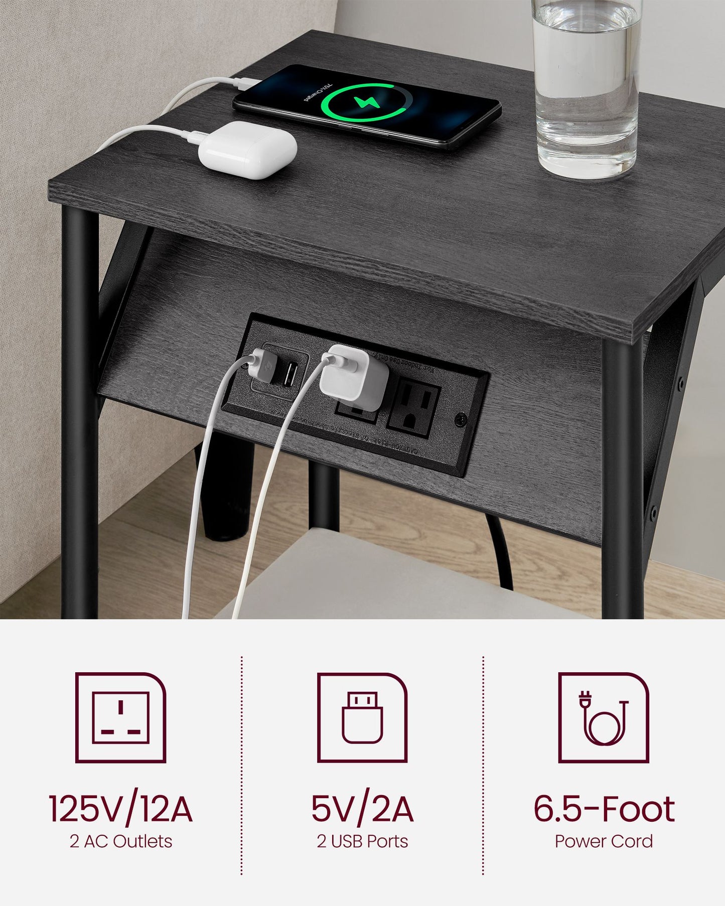 Set of 2 End Table with Charging Station
