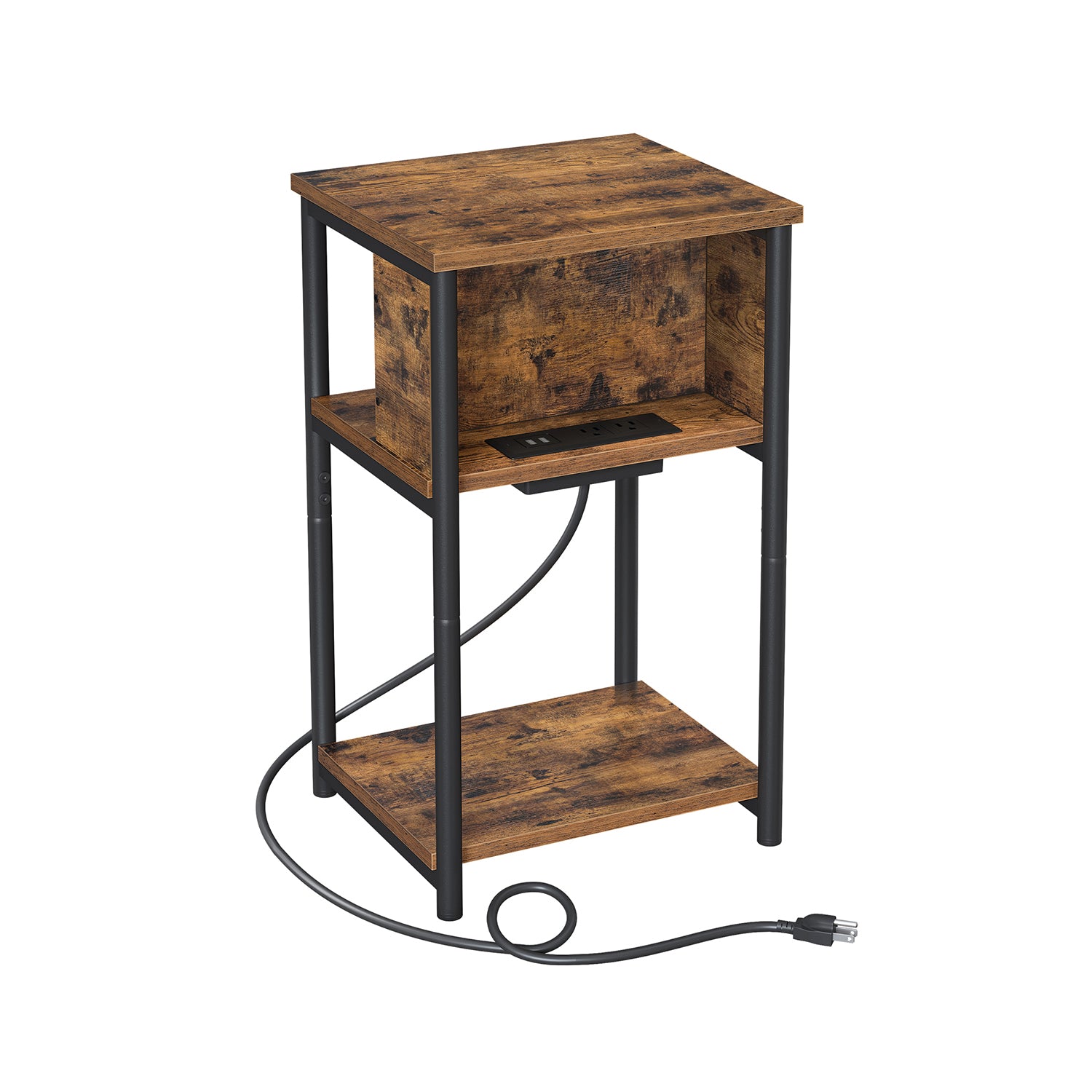 Side Table with Charging Station, 3-Tier End Table with USB Ports and Outlets, Nightstand for Living Room, Bedroom, 11.8 x 13.4 x 22.8 Inches, Plug-In Series, Rustic Brown and Black ULET373B01