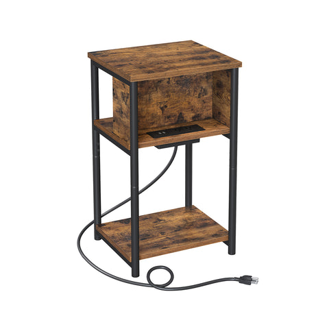 Side Table with Charging Station, 3-Tier End Table with USB Ports and Outlets, Nightstand for Living Room, Bedroom, 11.8 x 13.4 x 22.8 Inches, Plug-In Series, Rustic Brown and Black ULET373B01