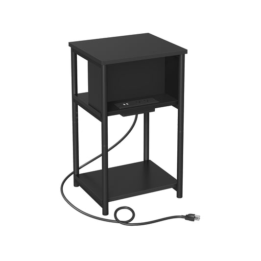 Side Table with Charging Station, 3-Tier End Table with USB Ports and Outlets, Nightstand for Living Room, Bedroom, 11.8 x 13.4 x 22.8 Inches, Plug-in Series, Black