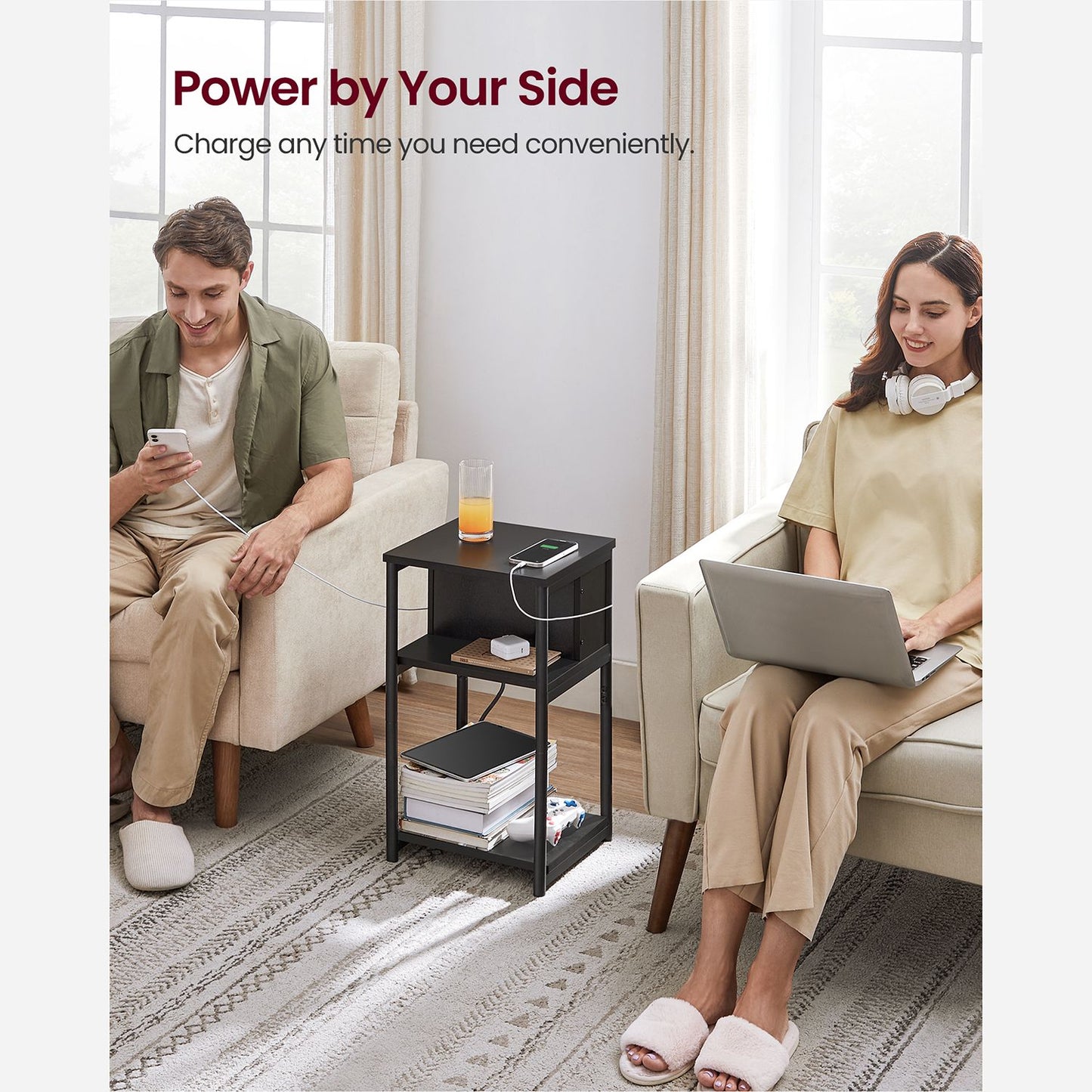 Side Table with Charging Station, 3-Tier End Table with USB Ports and Outlets, Nightstand for Living Room, Bedroom, 11.8 x 13.4 x 22.8 Inches, Plug-in Series, Black