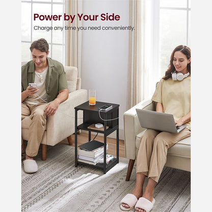 Side Table with Charging Station, 3-Tier End Table with USB Ports and Outlets, Nightstand for Living Room, Bedroom, 11.8 x 13.4 x 22.8 Inches, Plug-in Series, Black
