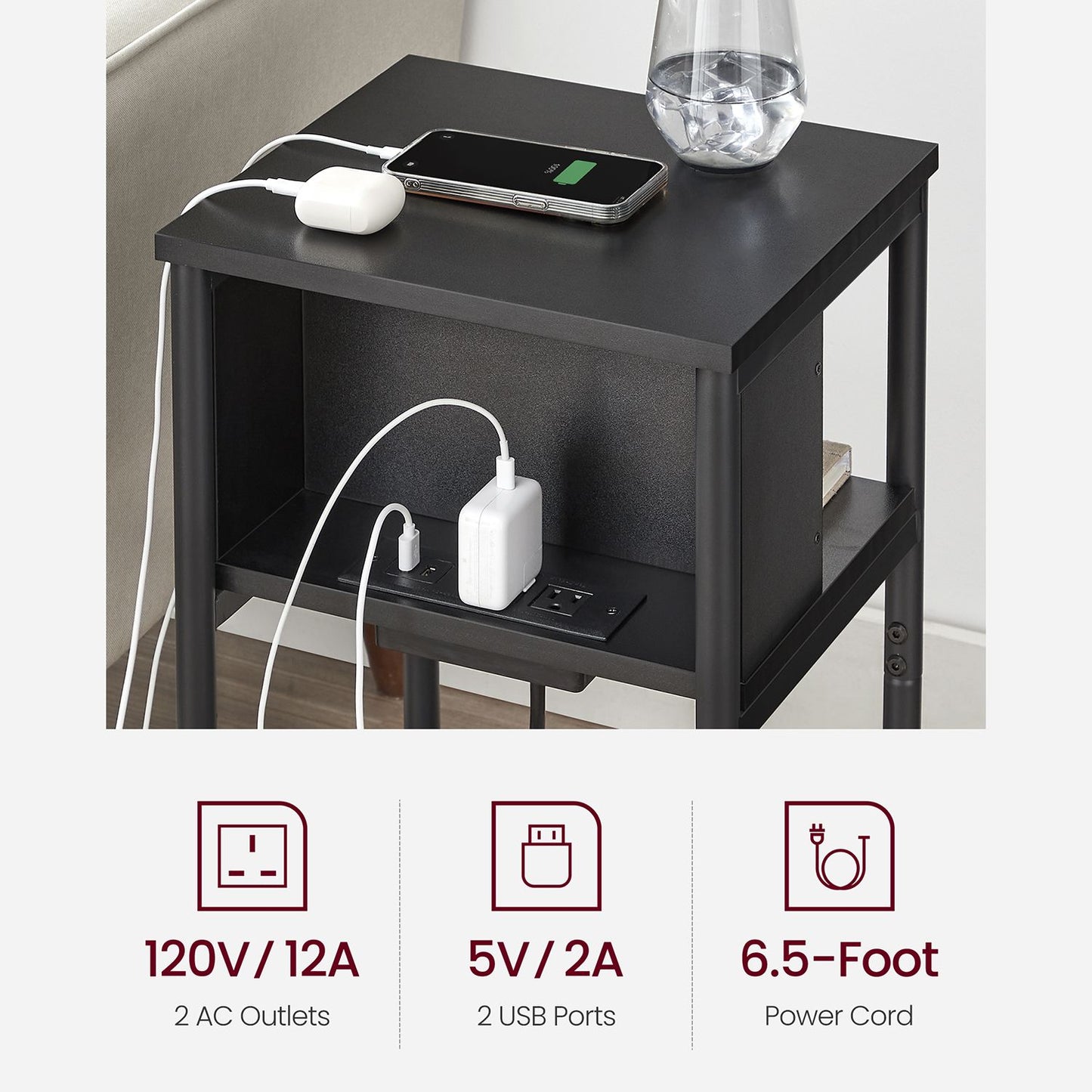 Side Table with Charging Station, 3-Tier End Table with USB Ports and Outlets, Nightstand for Living Room, Bedroom, 11.8 x 13.4 x 22.8 Inches, Plug-in Series, Black