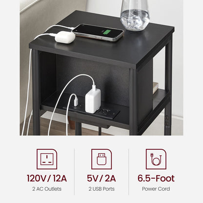 Side Table with Charging Station, 3-Tier End Table with USB Ports and Outlets, Nightstand for Living Room, Bedroom, 11.8 x 13.4 x 22.8 Inches, Plug-in Series, Black