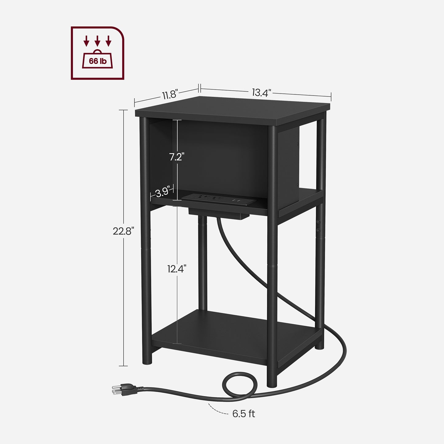 Side Table with Charging Station, 3-Tier End Table with USB Ports and Outlets, Nightstand for Living Room, Bedroom, 11.8 x 13.4 x 22.8 Inches, Plug-in Series, Black