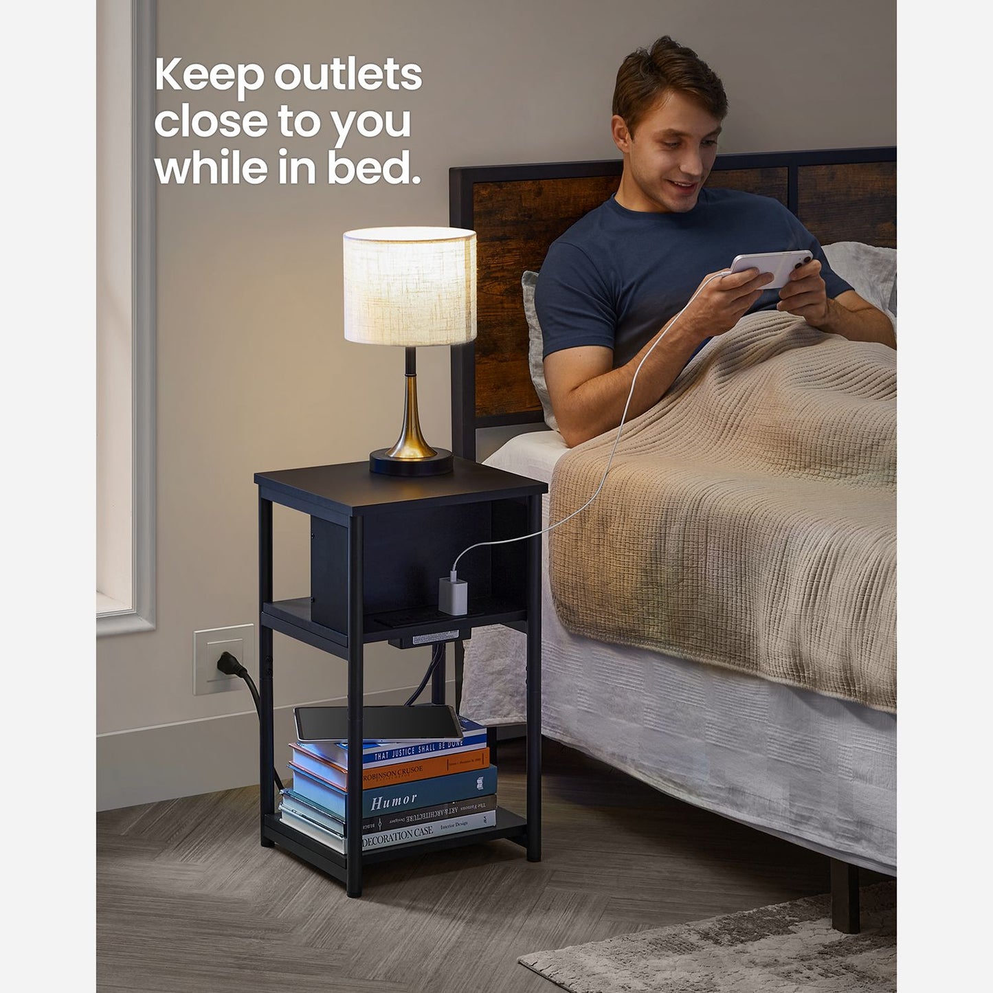 Side Table with Charging Station, 3-Tier End Table with USB Ports and Outlets, Nightstand for Living Room, Bedroom, 11.8 x 13.4 x 22.8 Inches, Plug-in Series, Black
