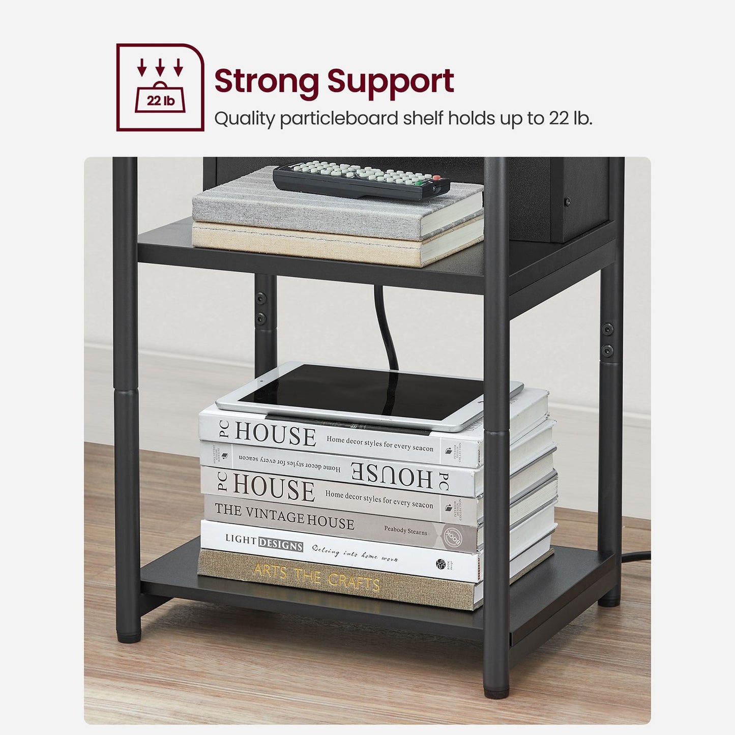 Side Table with Charging Station, 3-Tier End Table with USB Ports and Outlets, Nightstand for Living Room, Bedroom, 11.8 x 13.4 x 22.8 Inches, Plug-in Series, Black
