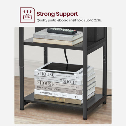 Side Table with Charging Station, 3-Tier End Table with USB Ports and Outlets, Nightstand for Living Room, Bedroom, 11.8 x 13.4 x 22.8 Inches, Plug-in Series, Black