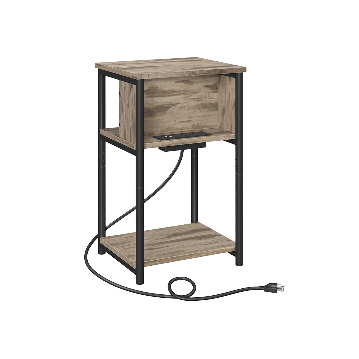 3-Tier End Table with Charging Station Chestnut Brown and Black