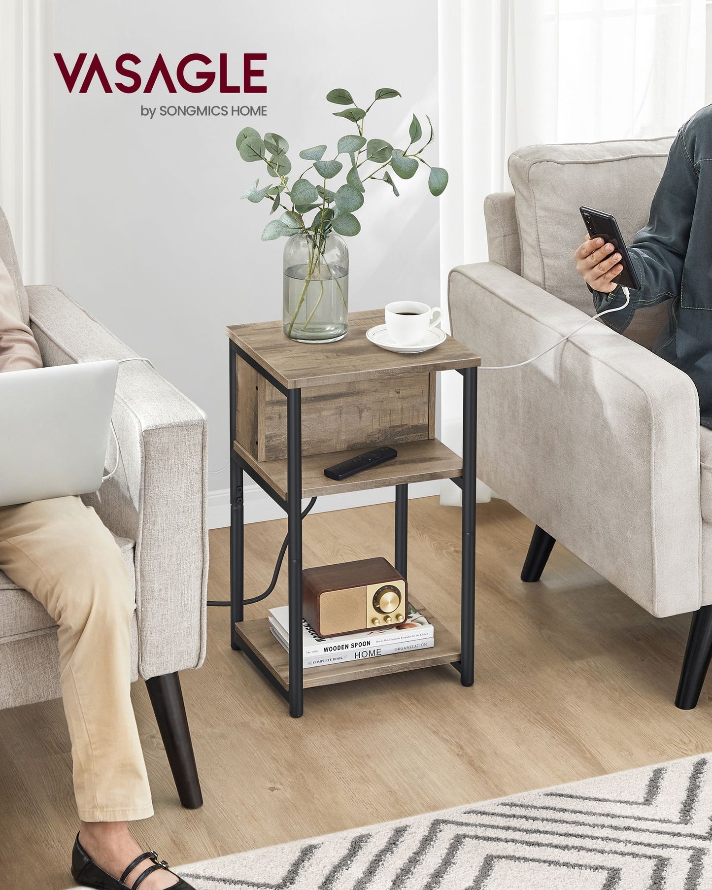 3-Tier End Table with Charging Station Chestnut Brown and Black