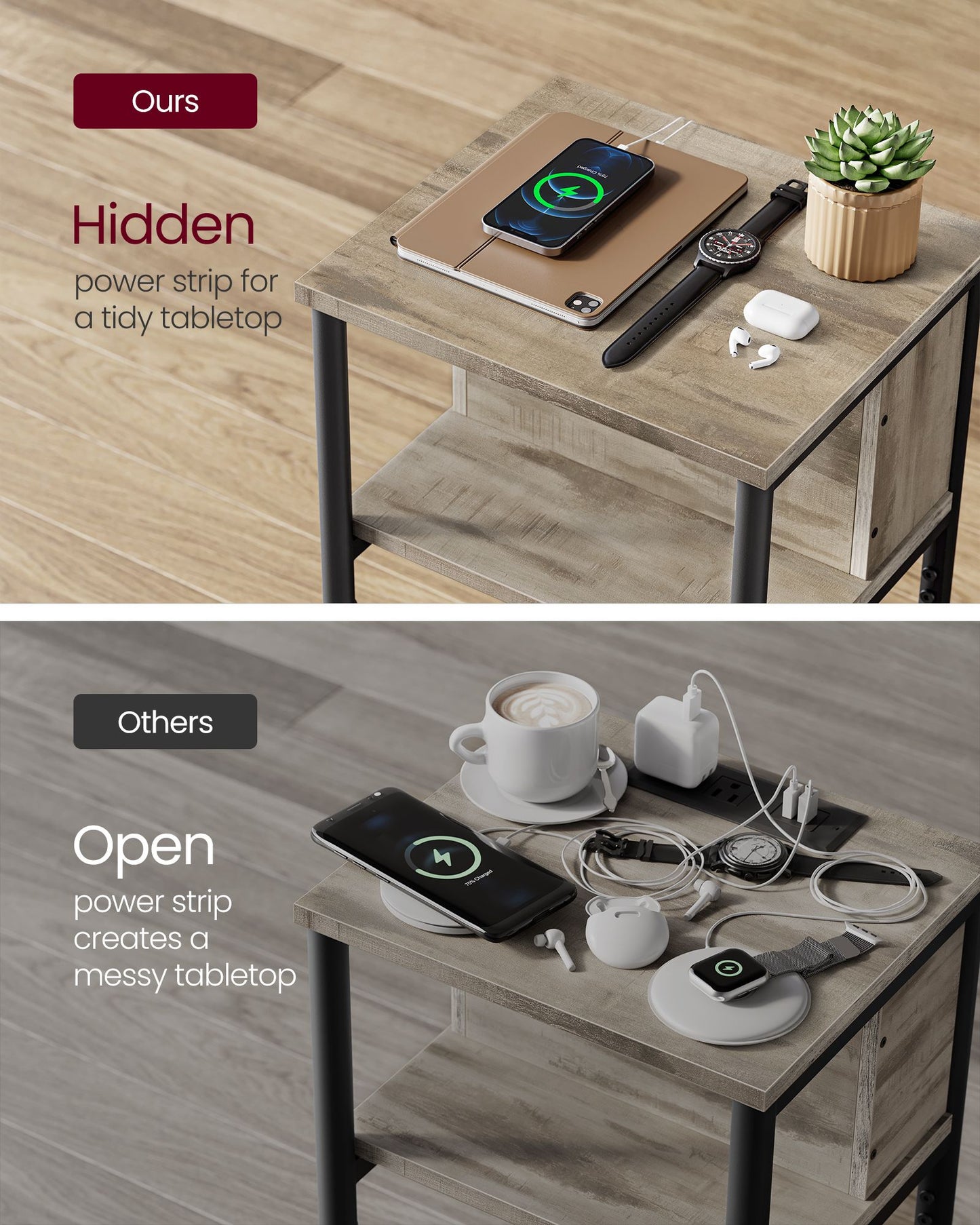 3-Tier End Table with Charging Station Chestnut Brown and Black