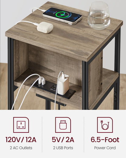 3-Tier End Table with Charging Station Chestnut Brown and Black