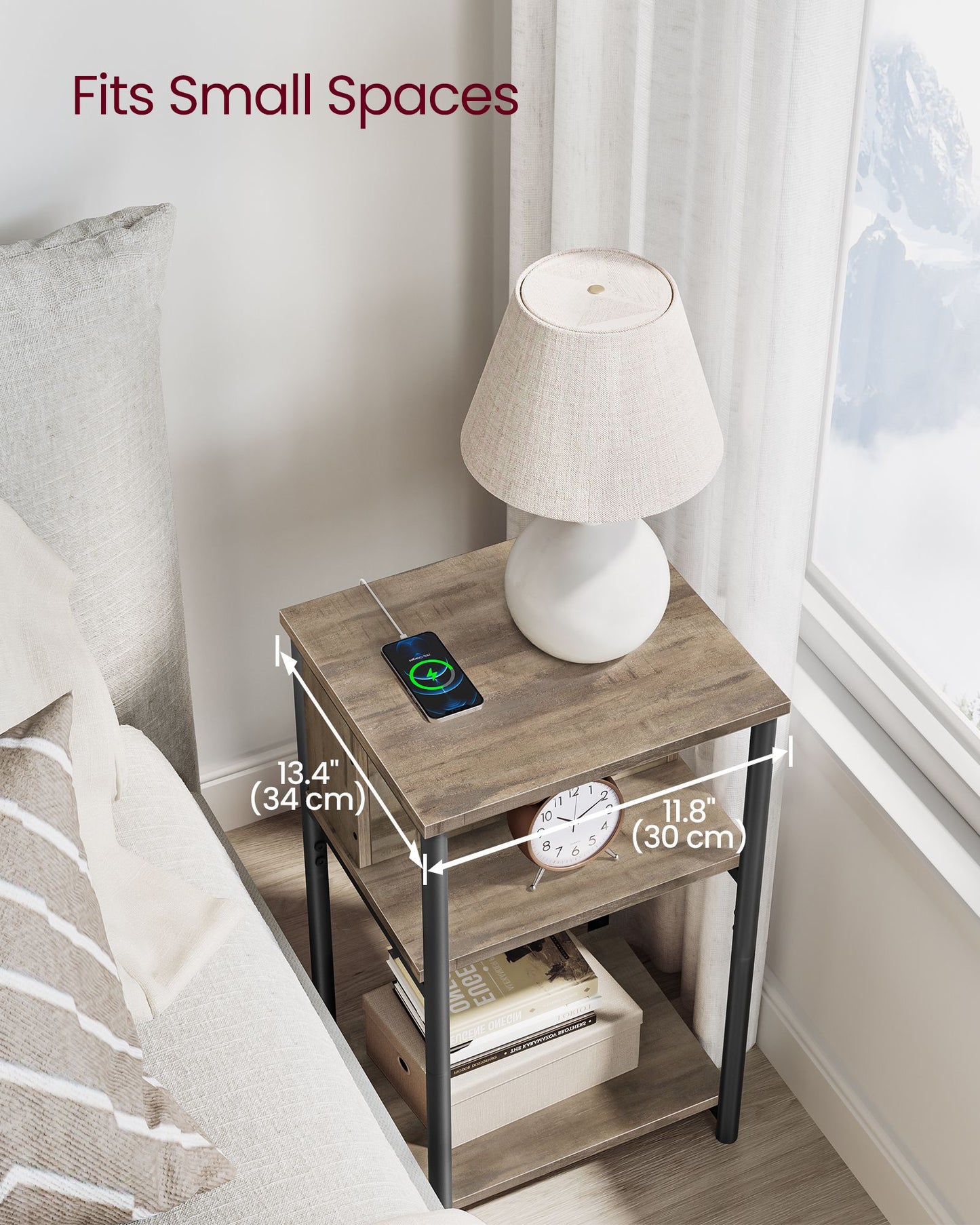 3-Tier End Table with Charging Station Chestnut Brown and Black