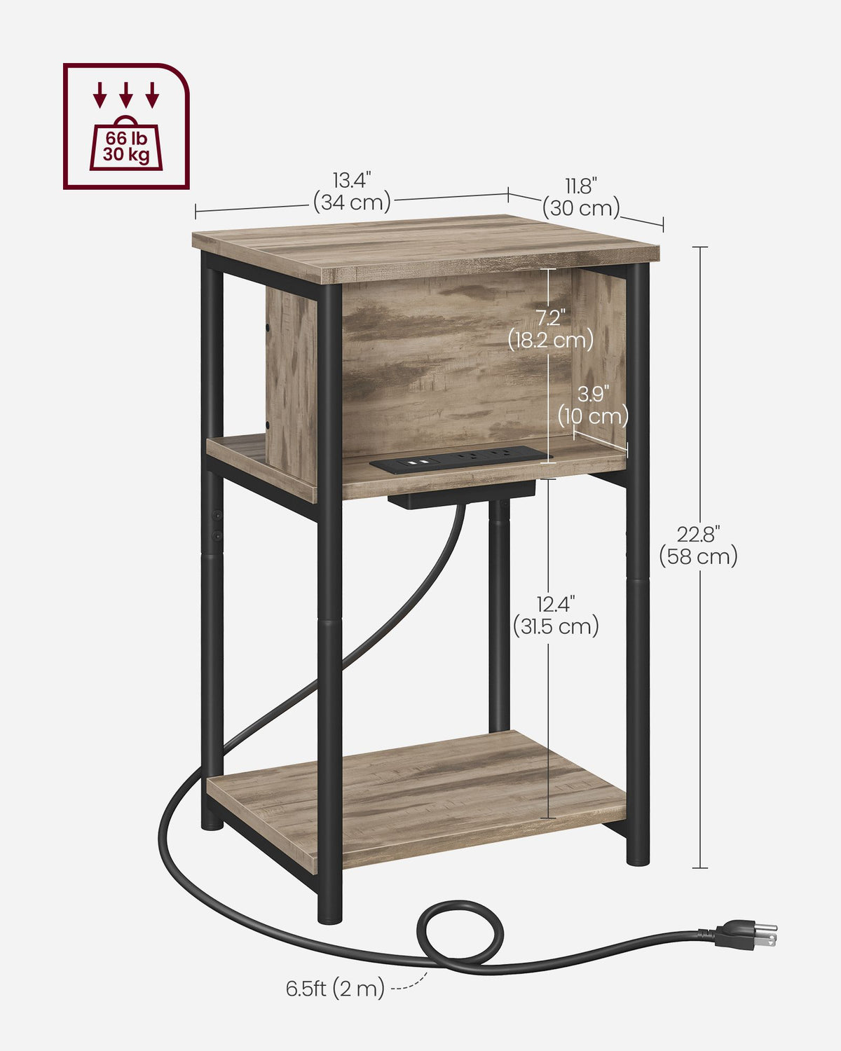 3-Tier End Table with Charging Station Chestnut Brown and Black