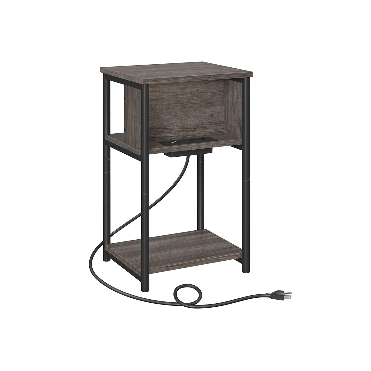 3-Tier End Table with Charging Station Chestnut Brown and Black