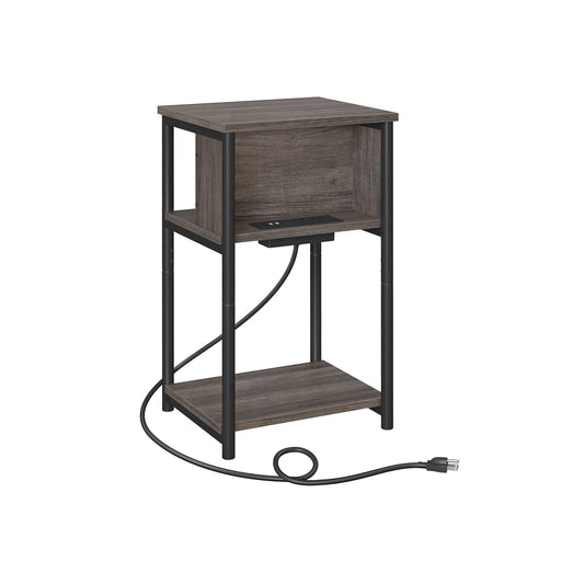 3-Tier End Table with Charging Station Chestnut Brown and Black