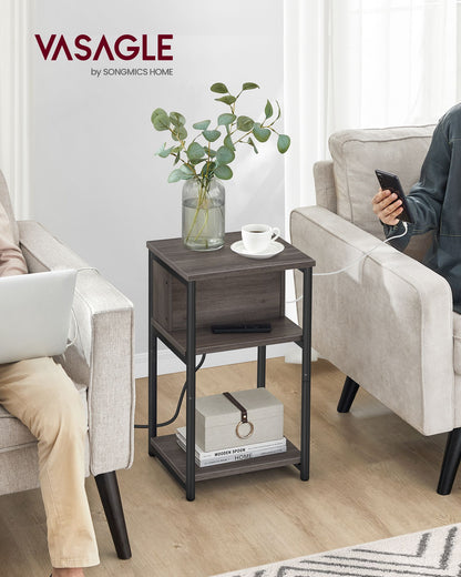 3-Tier End Table with Charging Station Chestnut Brown and Black