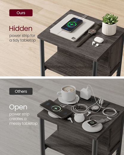 3-Tier End Table with Charging Station Chestnut Brown and Black