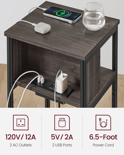 3-Tier End Table with Charging Station Chestnut Brown and Black